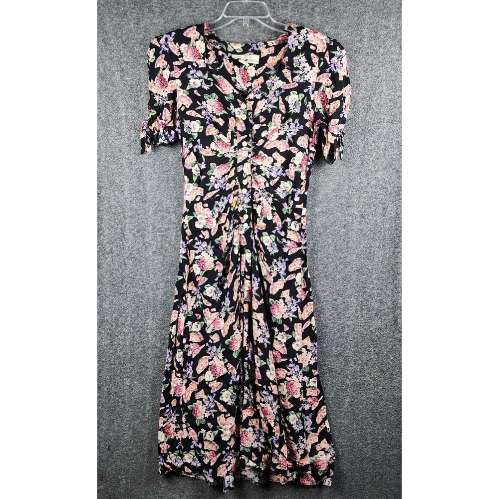 Jonathan Martin Dress Womens 5/6 Vintage Black Floral Fan Ruched Button Down USA